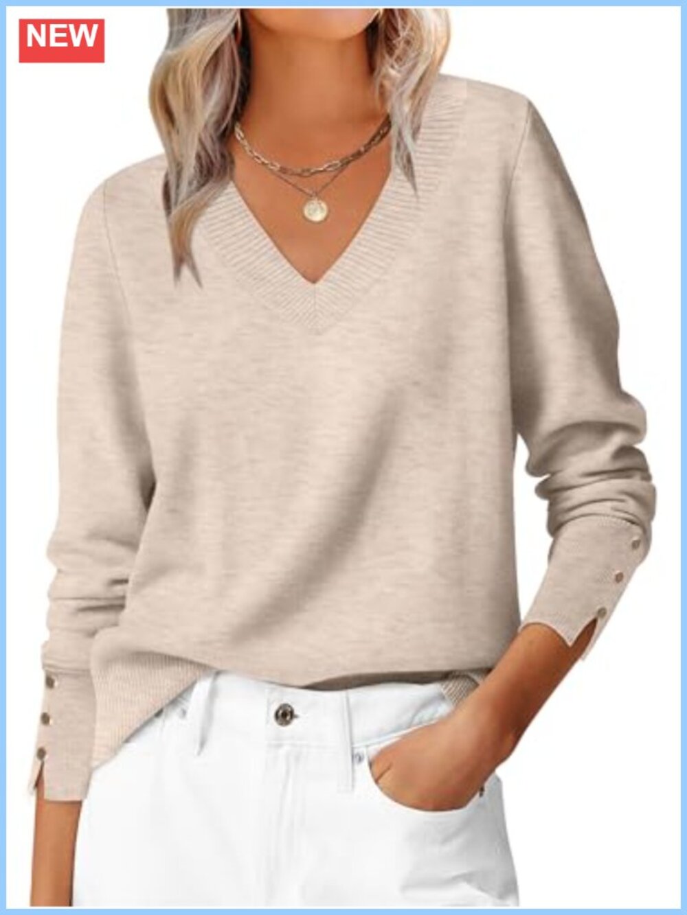Women's Lightweight Knit V-Neck Pullover Sweater Long Sleeve Ribbed Cuff